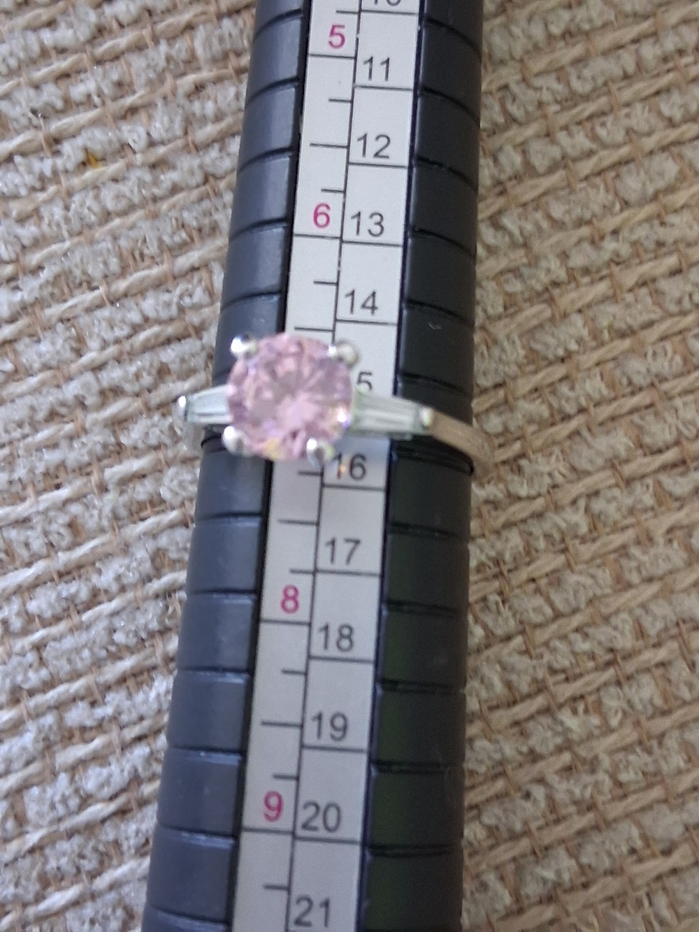 Silver Ring with Pink Round-Cut Center and Baguette Side Stones